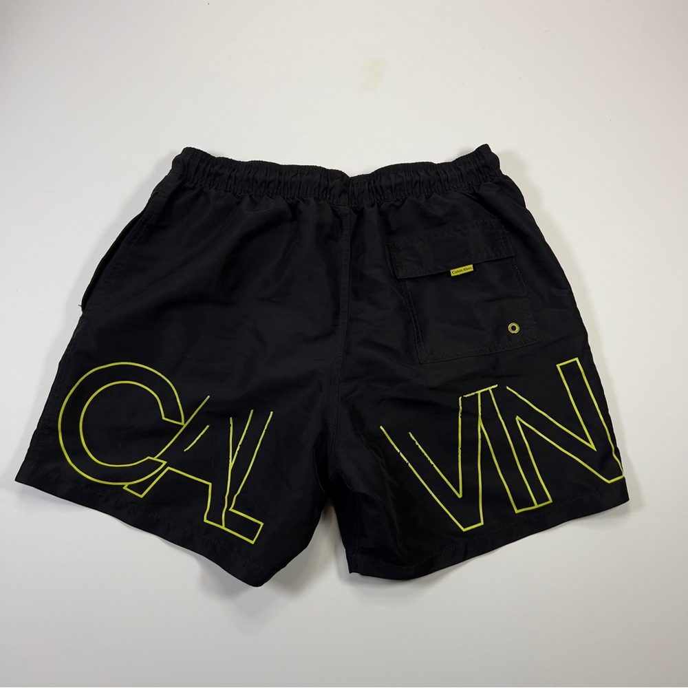 Calvin Klein Swimwear Black and Yellow Logo Mesh Lined Swim Trunks Large